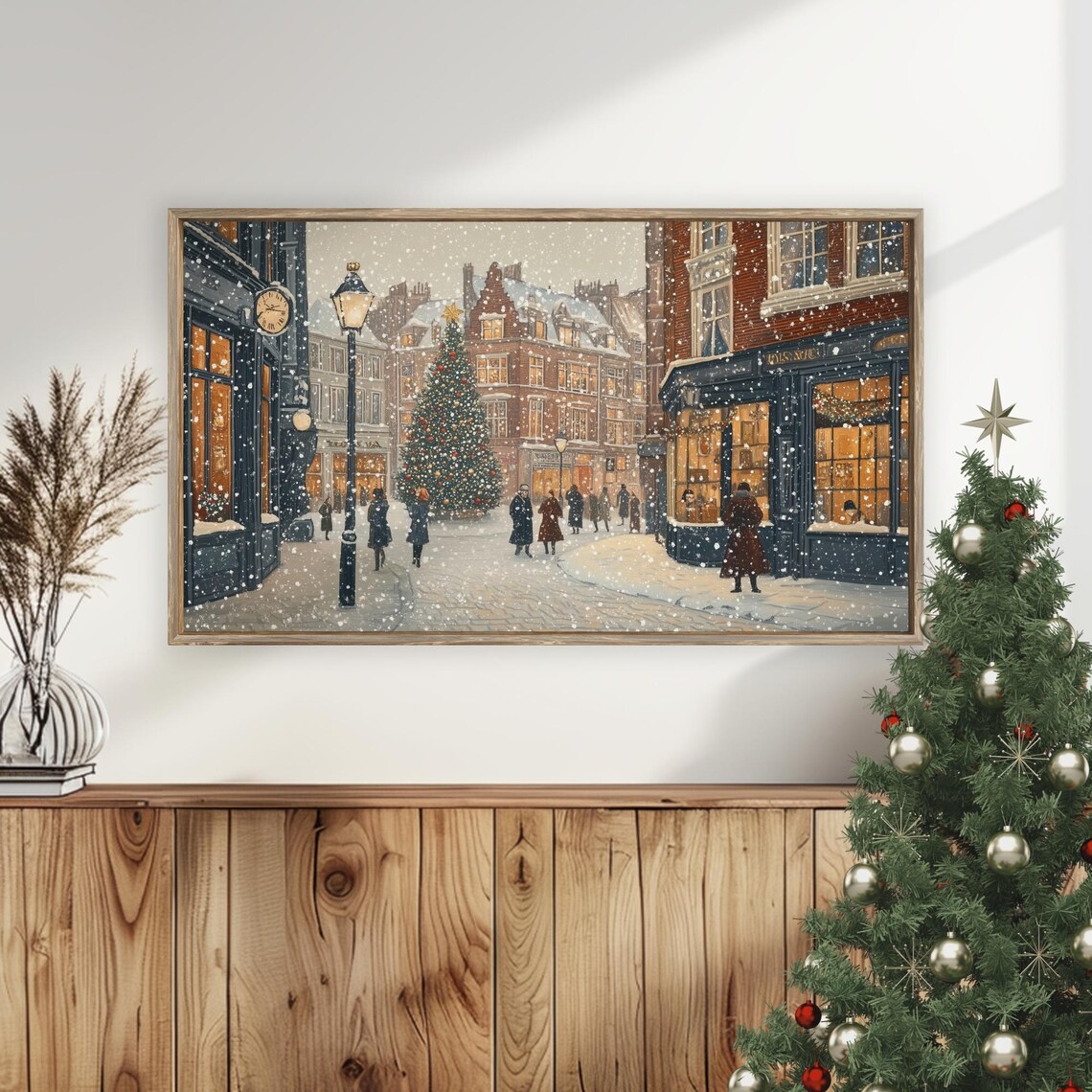 Vintage Snowy Christmas City Street Big Tree Holiday Wall Art - Image 5