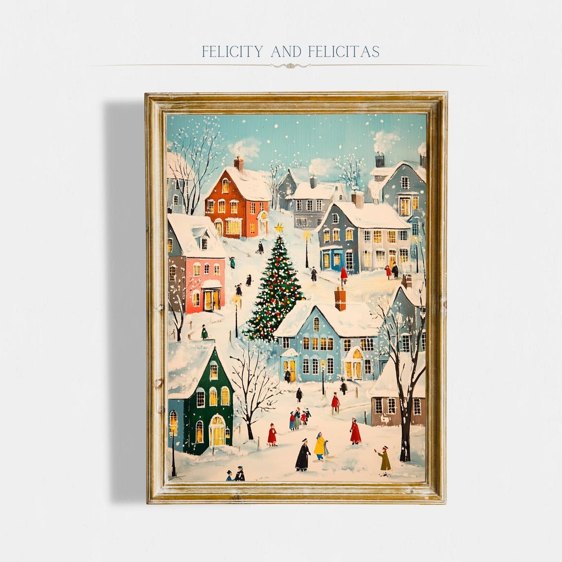 Cheerful Christmas Town Big Tree Snowy Houses Holiday Poster