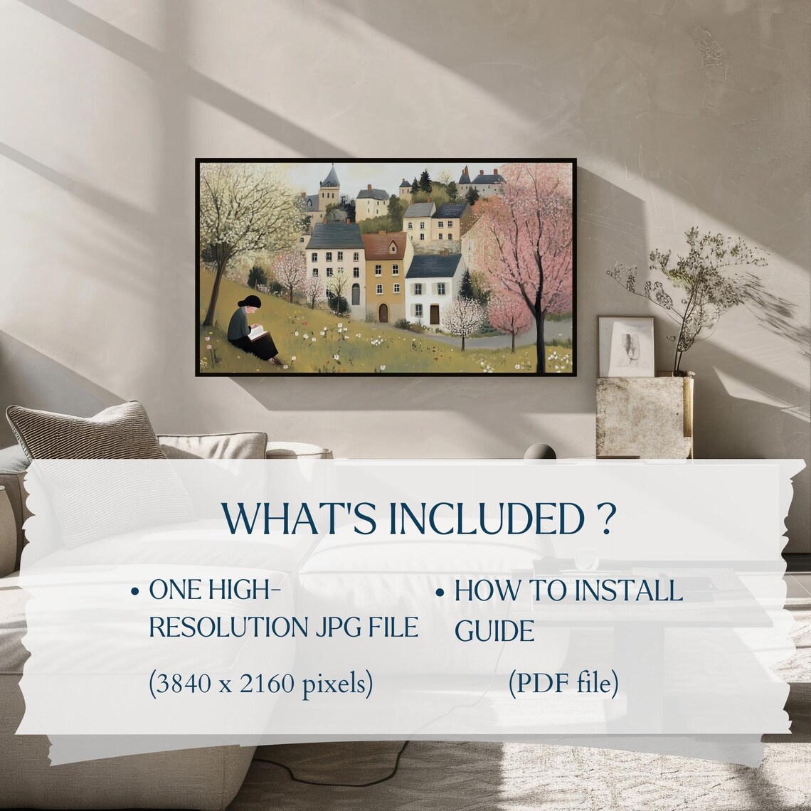 Spring Reading on Hill Village Blossoming Trees Frame TV Art Poster - Image 2