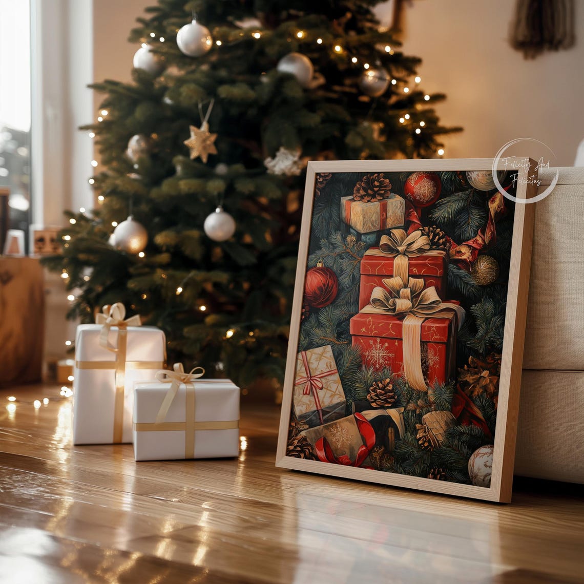 Red Christmas Gifts Gold Bows Pine Branches Ornaments Art Poster - Image 4