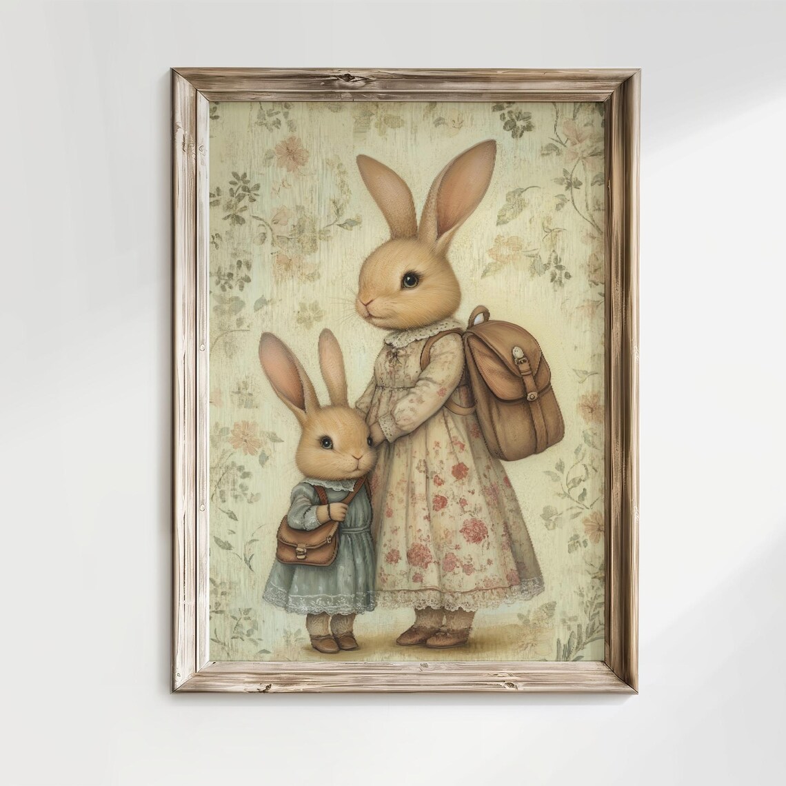 Mother and Child Bunny with Satchels Vintage Floral Nursery Wall Art - Image 3