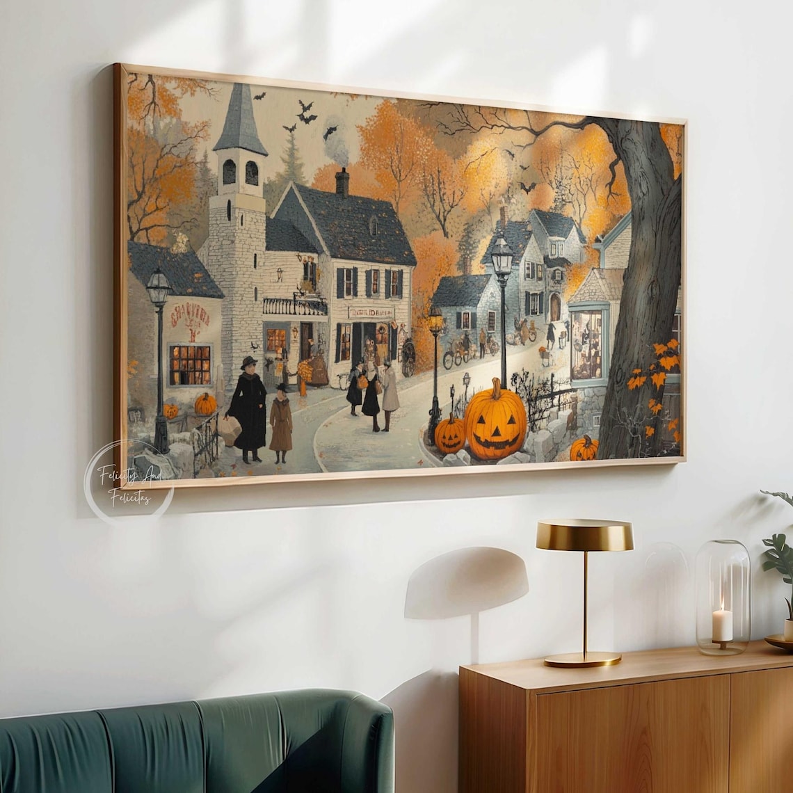 Halloween Village with Trick or Treaters and Church Autumn Poster - Image 3