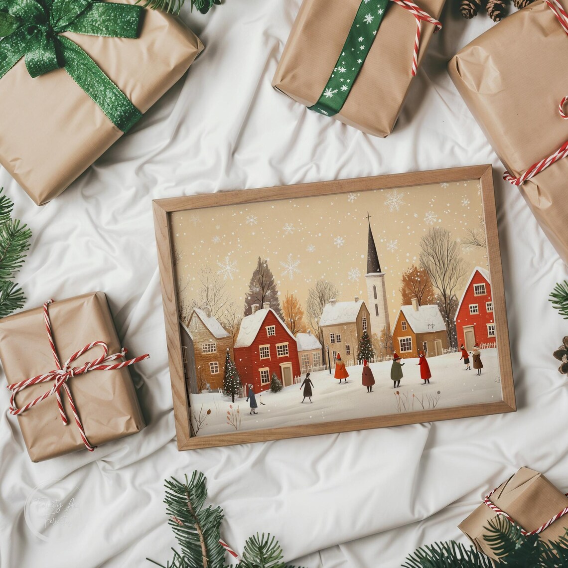 Neutral Winter Village Church Snowy Day Folk Art Scene Poster - Image 6