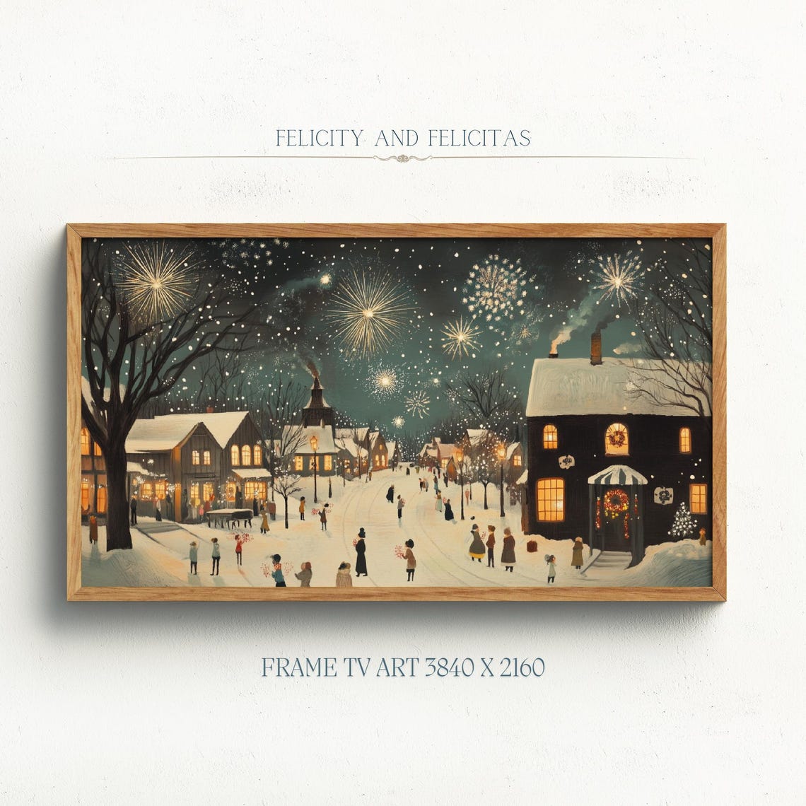 New Years Eve Fireworks Snowy Village Celebration Frame TV Art Poster