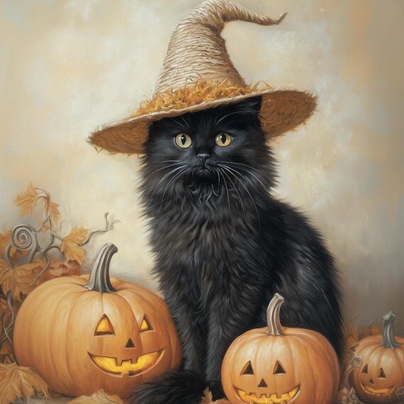 Black Cat Witch Hat Jack O Lantern Pumpkins Halloween Wall Art