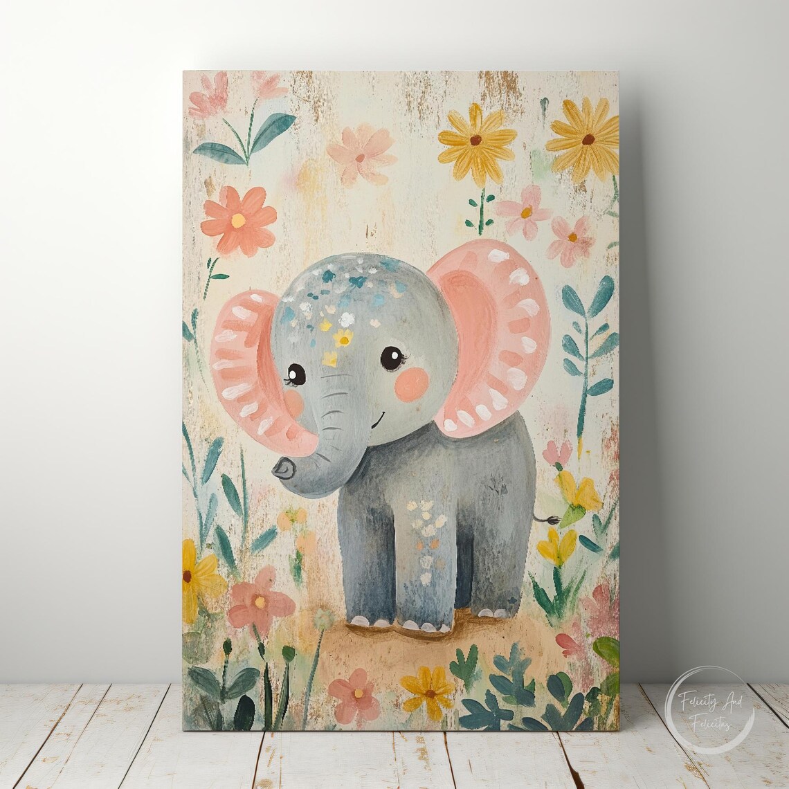 Floral Elephant with Pink Ears Daisy Meadow Nursery Wall Art - Image 6