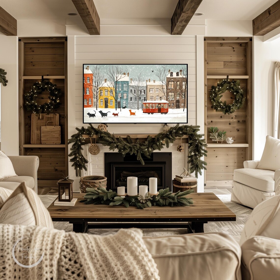 Winter City Street Red Tram Snowy Cats Falling Snow Frame TV Art Poster - Image 3