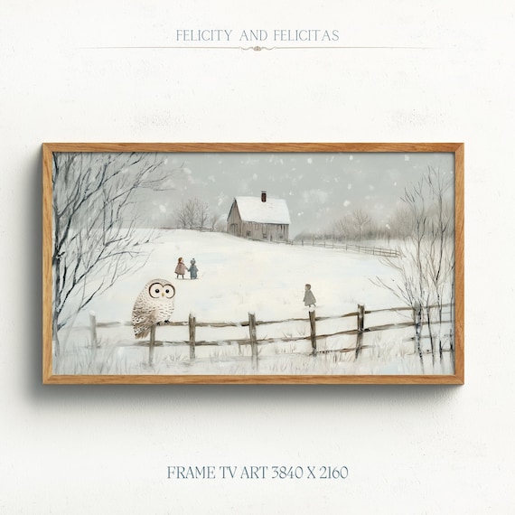 Snowy Owl On Fence Winter Landscape Children Barn Scene Poster