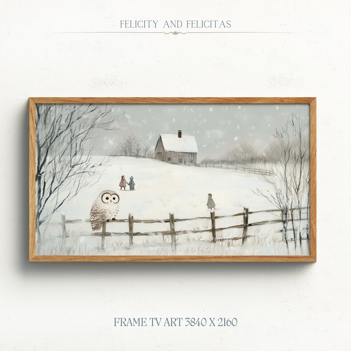 Snowy Owl On Fence Winter Landscape Children Barn Scene Poster