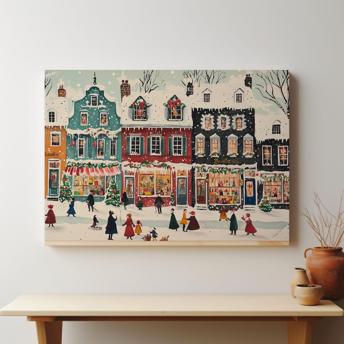 Cheerful Snowy Christmas Town Street Storefronts Joyful Wall Art - Image 4