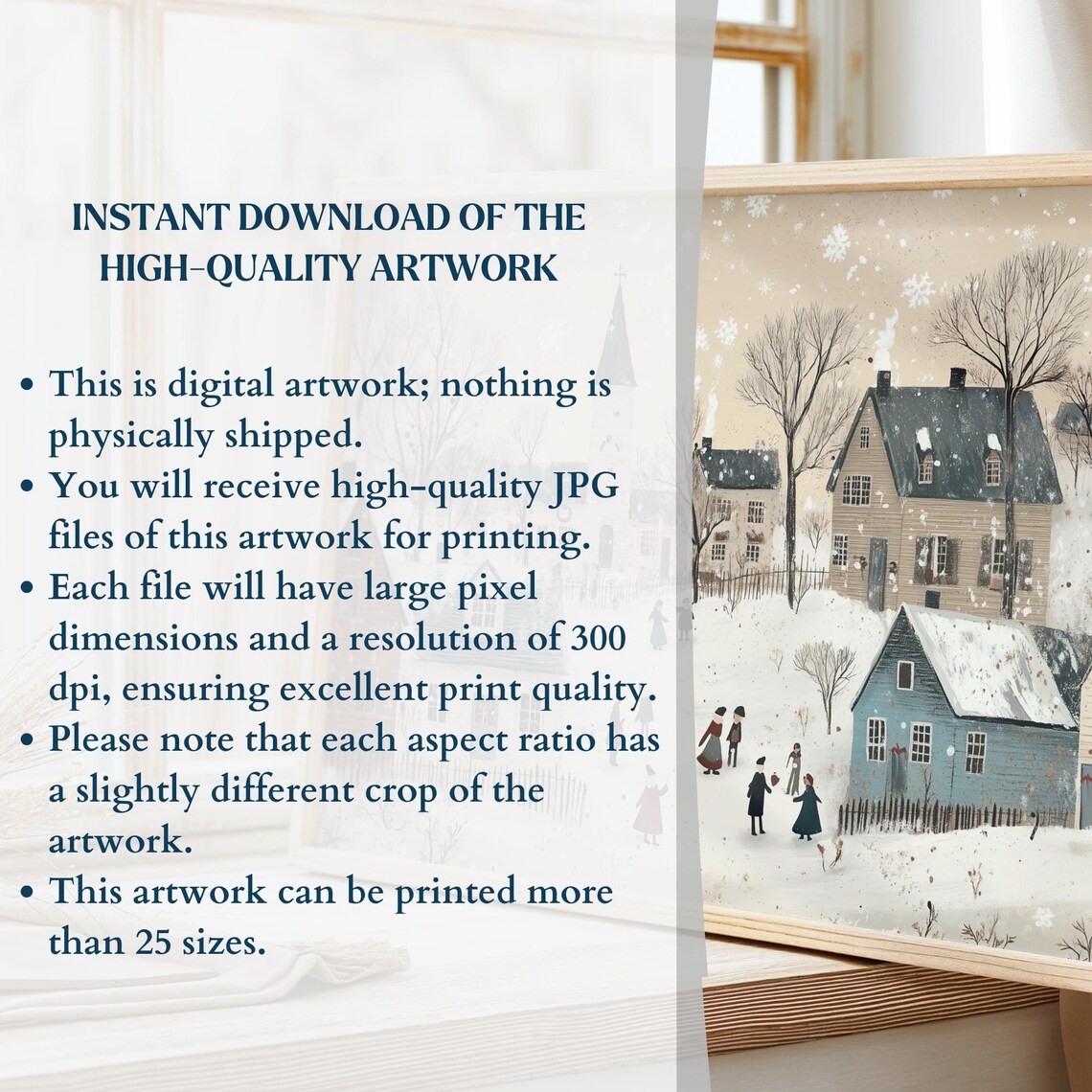 Neutral Beige Snowy Village With Church Snowflakes Holiday Poster - Image 2