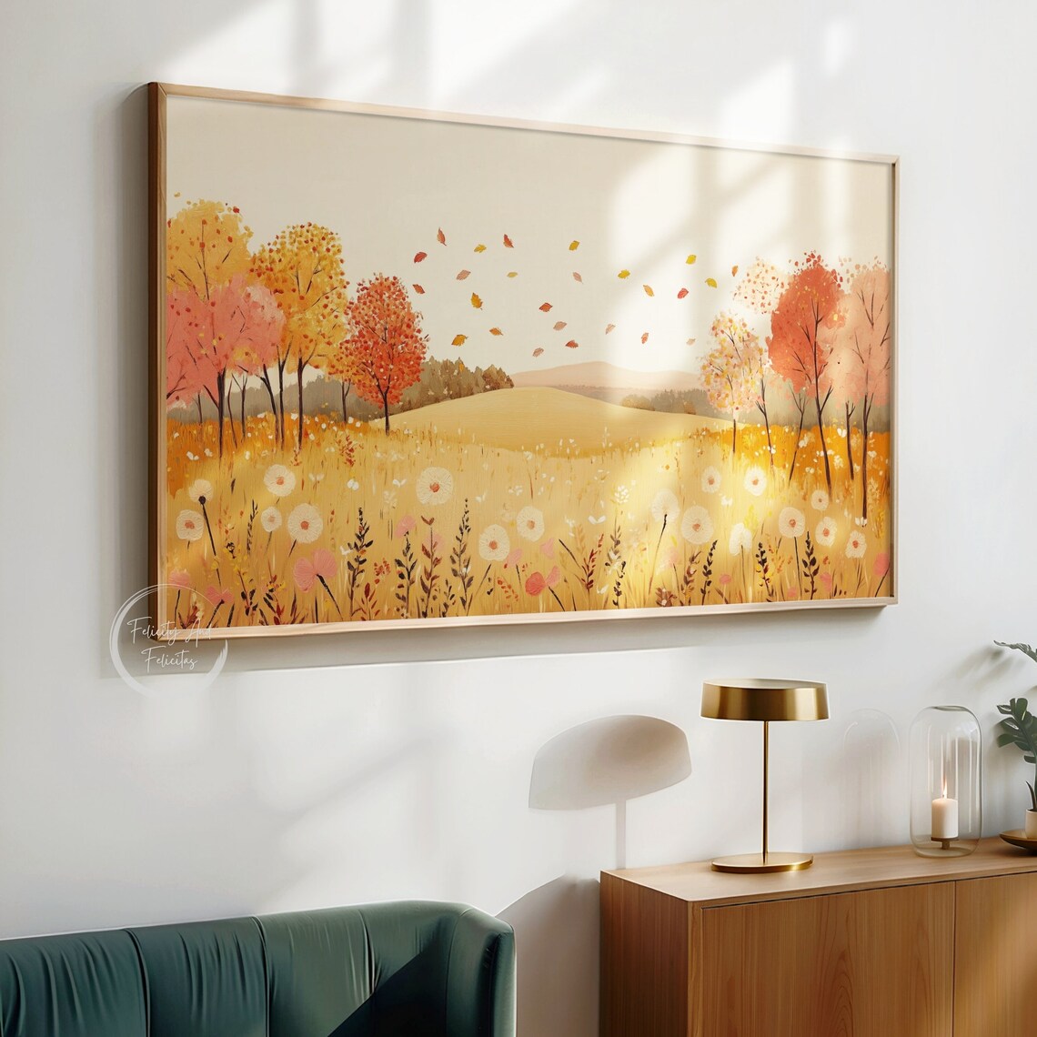 Golden Autumn Meadow Falling Leaves Orange Trees Cozy Fall Landscape Art Poster - Image 6