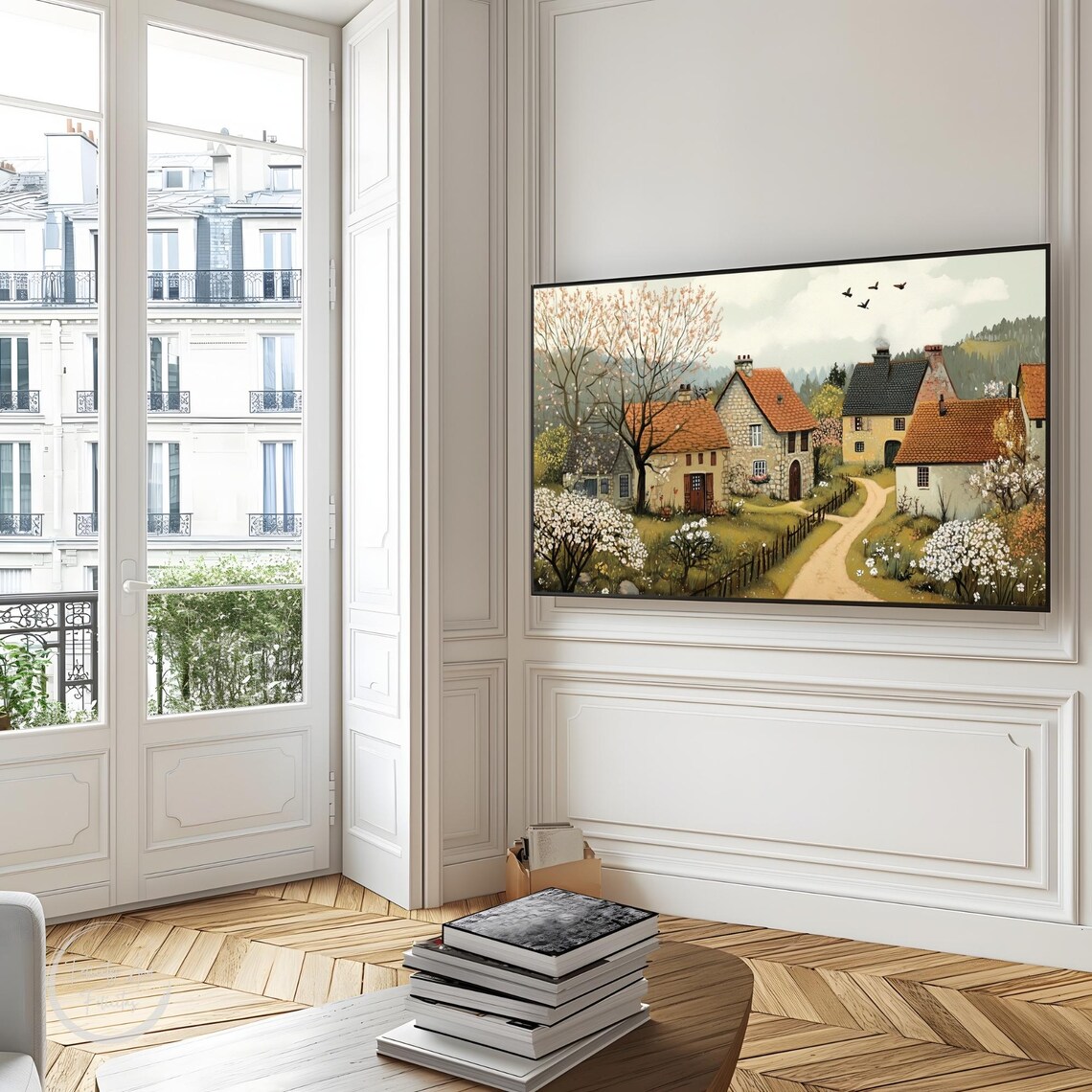 Rural Spring Village Stone Cottages Blossoming Trees Frame TV Art Poster - Image 3