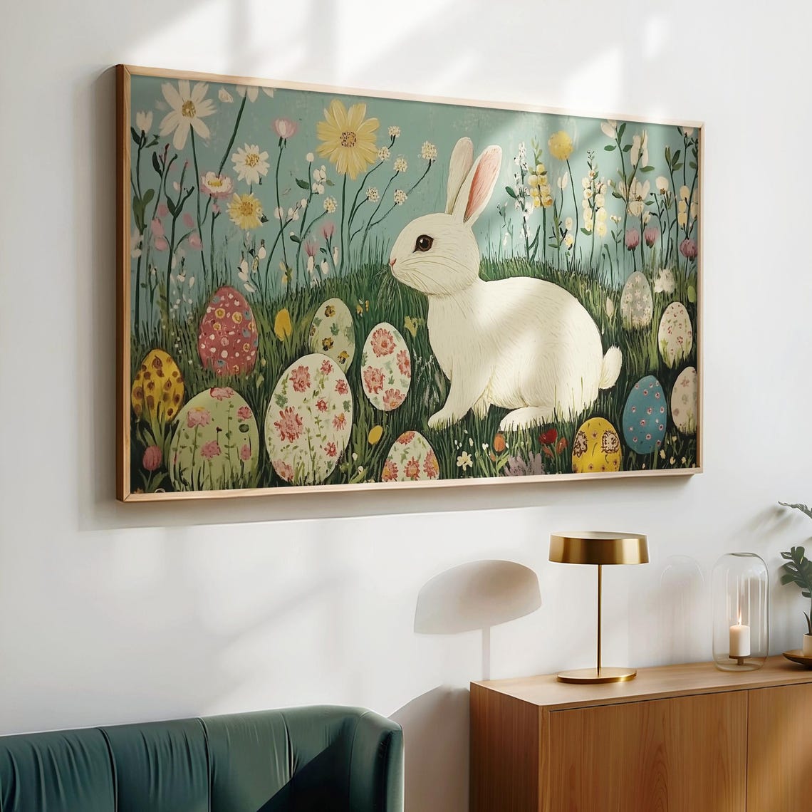 Retro Easter Bunny White Rabbit Wildflowers Eggs Frame TV Art Poster - Image 6