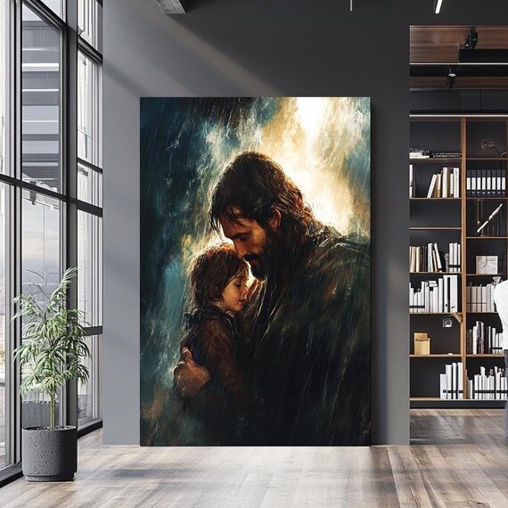Jesus Embracing Child In Rain Divine Protection Tender Art Poster