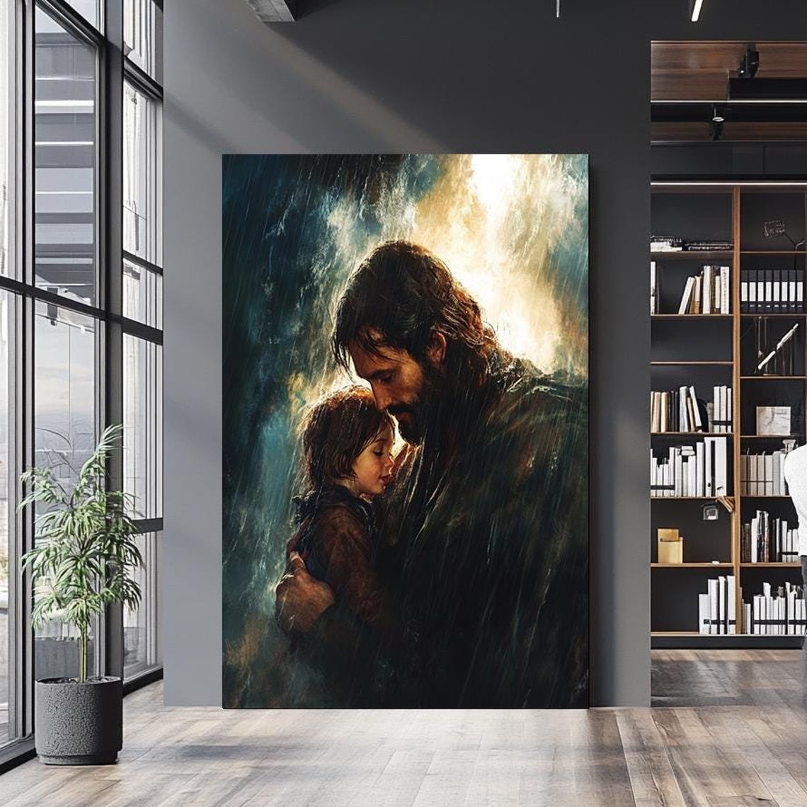 Jesus Embracing Child In Rain Divine Protection Tender Art Poster
