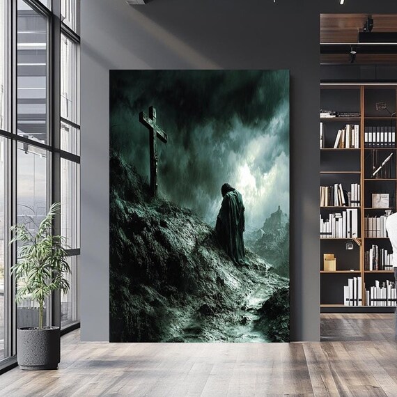 Jesus Approaching The Cross On Stormy Dark Mountain Rock Art Poster