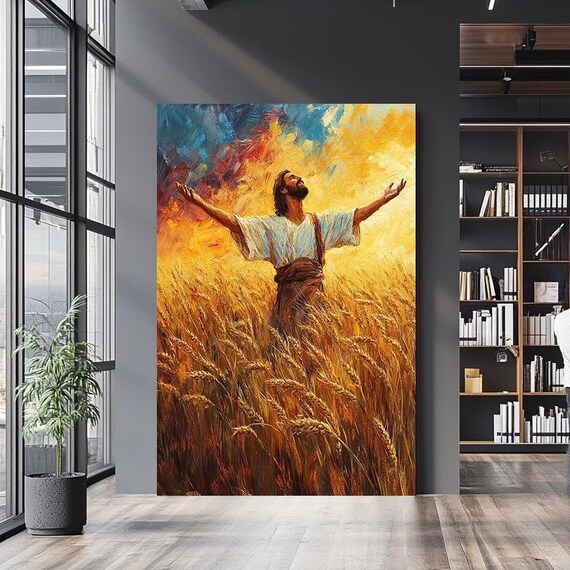 Jesus Arms Raised Golden Wheat Field Harvest Worship Painting Poster