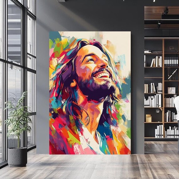 Joyful Laughing Jesus Colorful Pop Art Portrait Rainbow Brushwork Poster