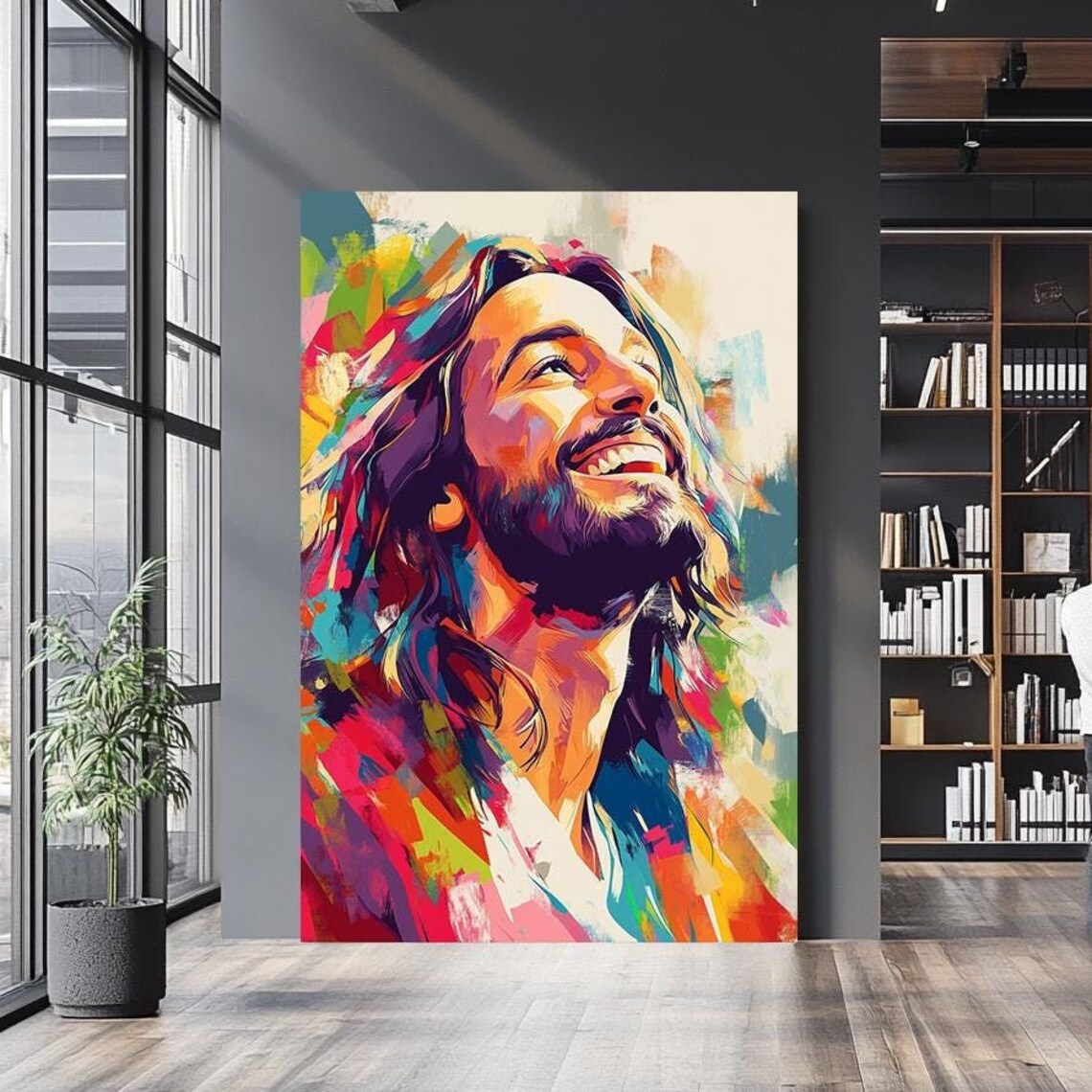 Joyful Laughing Jesus Colorful Pop Art Portrait Rainbow Brushwork Poster