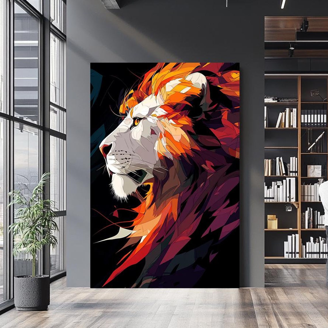 Abstract Lion Profile Vibrant Orange Red Geometric Modern Art Poster
