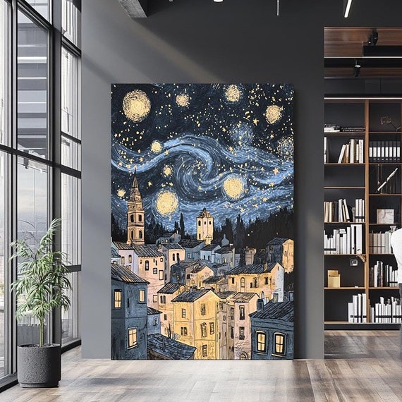 Starry Night Over Old Town Art Hand Painted Starry Sky Artwork Vintage Townscape Painting Dreamy Wall Decor For Home Or Office