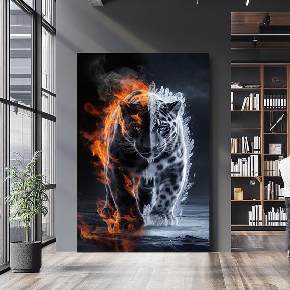 Fire And Ice Tiger Flames Frost Split Dramatic Wildlife Wall Art