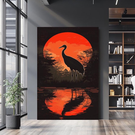 Crane Silhouette Wall Art Bold Sunset Reflection For Nature Lovers