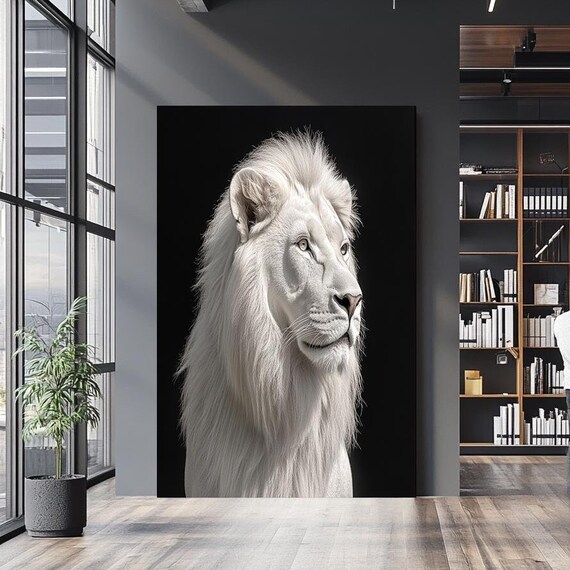 White Lion Side Profile Portrait On Black Background Dramatic Wall Art
