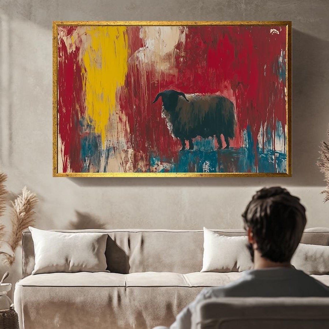 Black Sheep Silhouette Red Yellow Abstract Rustic Farm Animal Poster