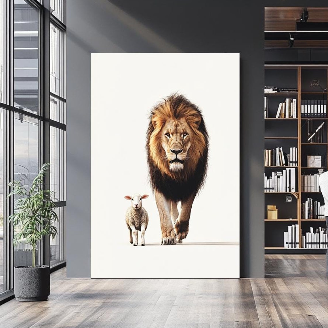 Lion And Lamb Walking Forward White Background Symbolic Peace Poster