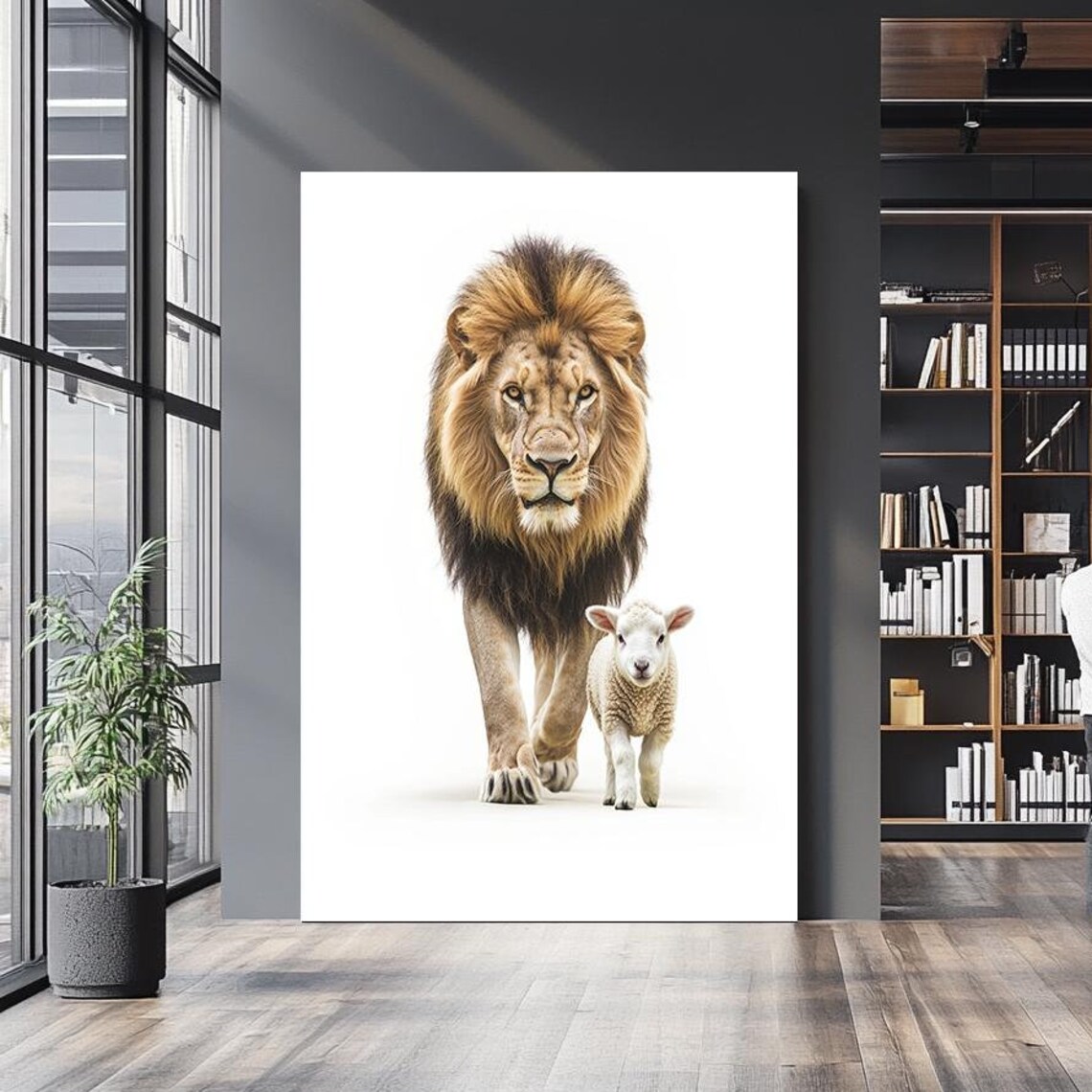 Lion And Lamb Walking Together Minimalist White Background Faith Print