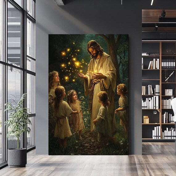 Jesus Sharing Glowing Lights With Children In Dark Forest Night Poster