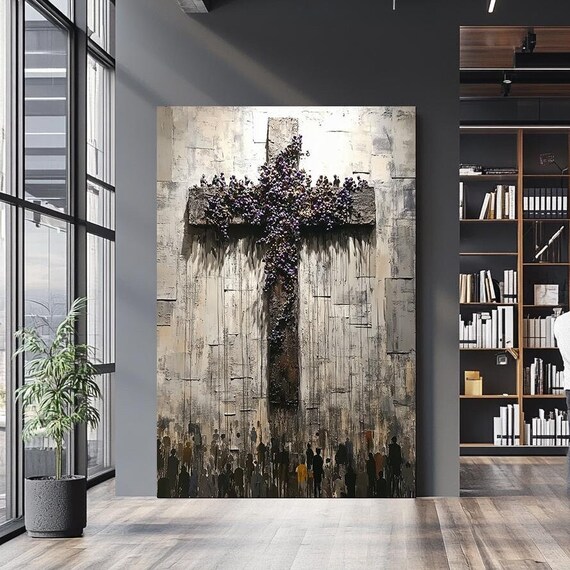 Rustic Floral Cross Purple Blossoms Weathered Wood Christian Art Poster