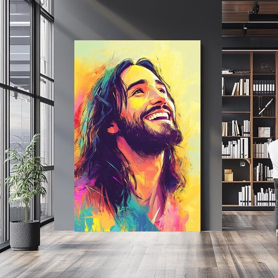 Smiling Jesus Christ Colorful Pop Art Portrait Yellow Pink Modern Poster