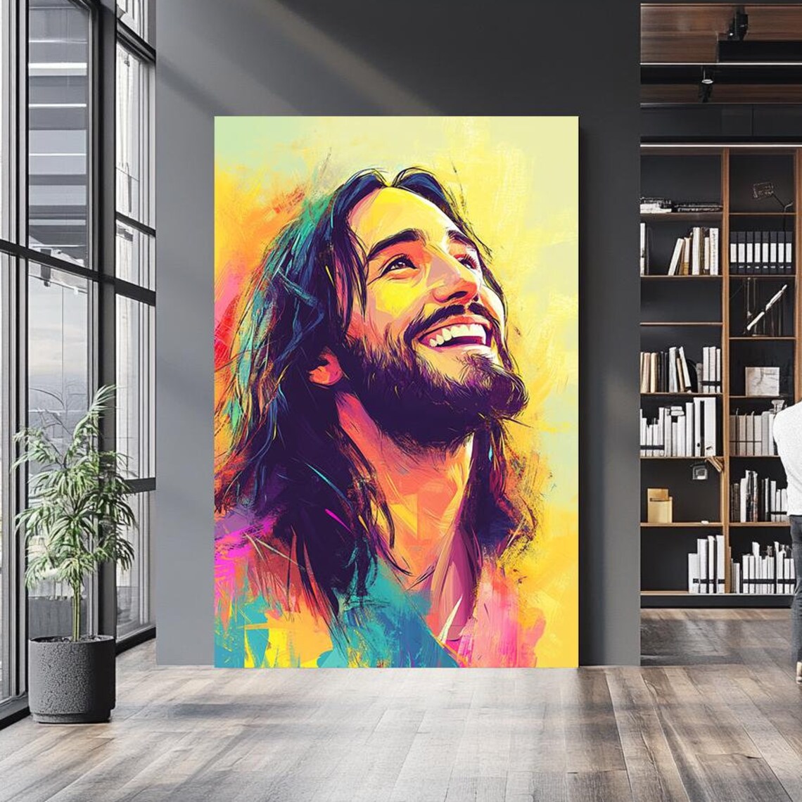 Smiling Jesus Christ Colorful Pop Art Portrait Yellow Pink Modern Poster