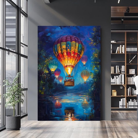 Colorful Hot Air Balloons Print Dreamy Night Sky Wall Art Magical Adventure Decor Surreal Landscape Painting For Living Room