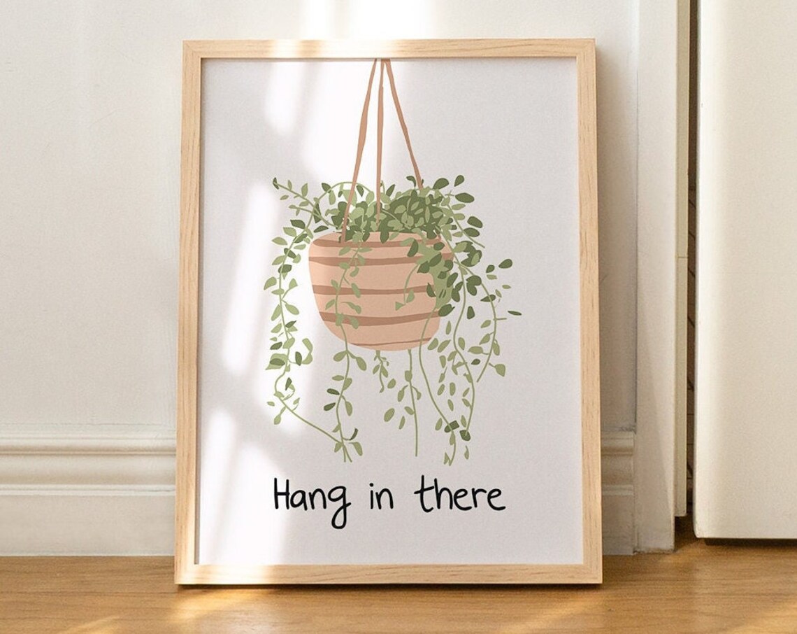 Hang in There Hanging Plant Pun Terracotta Pot Quote Wall Art