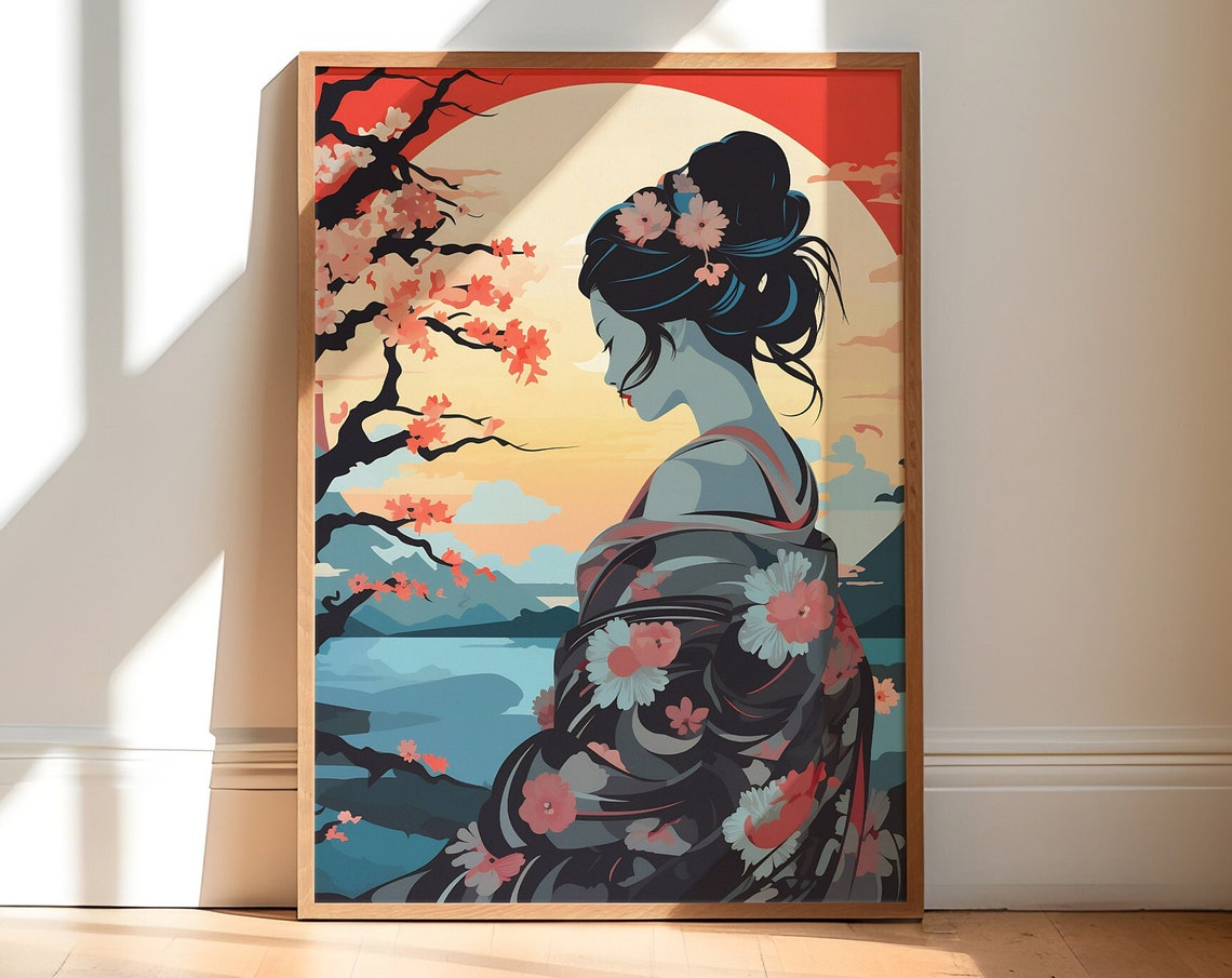 Geisha Kimono Cherry Blossom Sunset Japanese Woman Art Poster