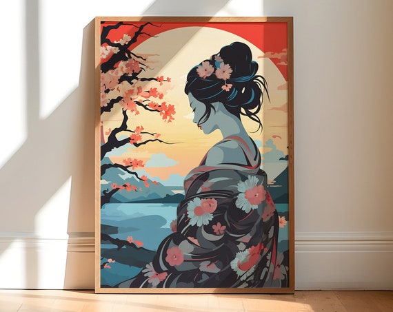 Ukiyoe Style Wall Art Tranquil Sunset Cherry Blossom Scene