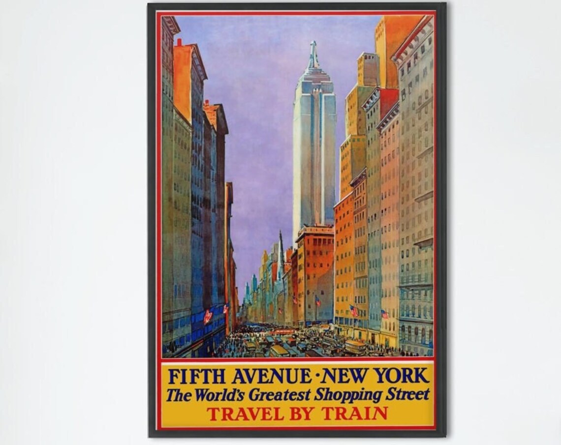 Fifth Avenue New York Travel By Train Vintage Style Cityscape Poster