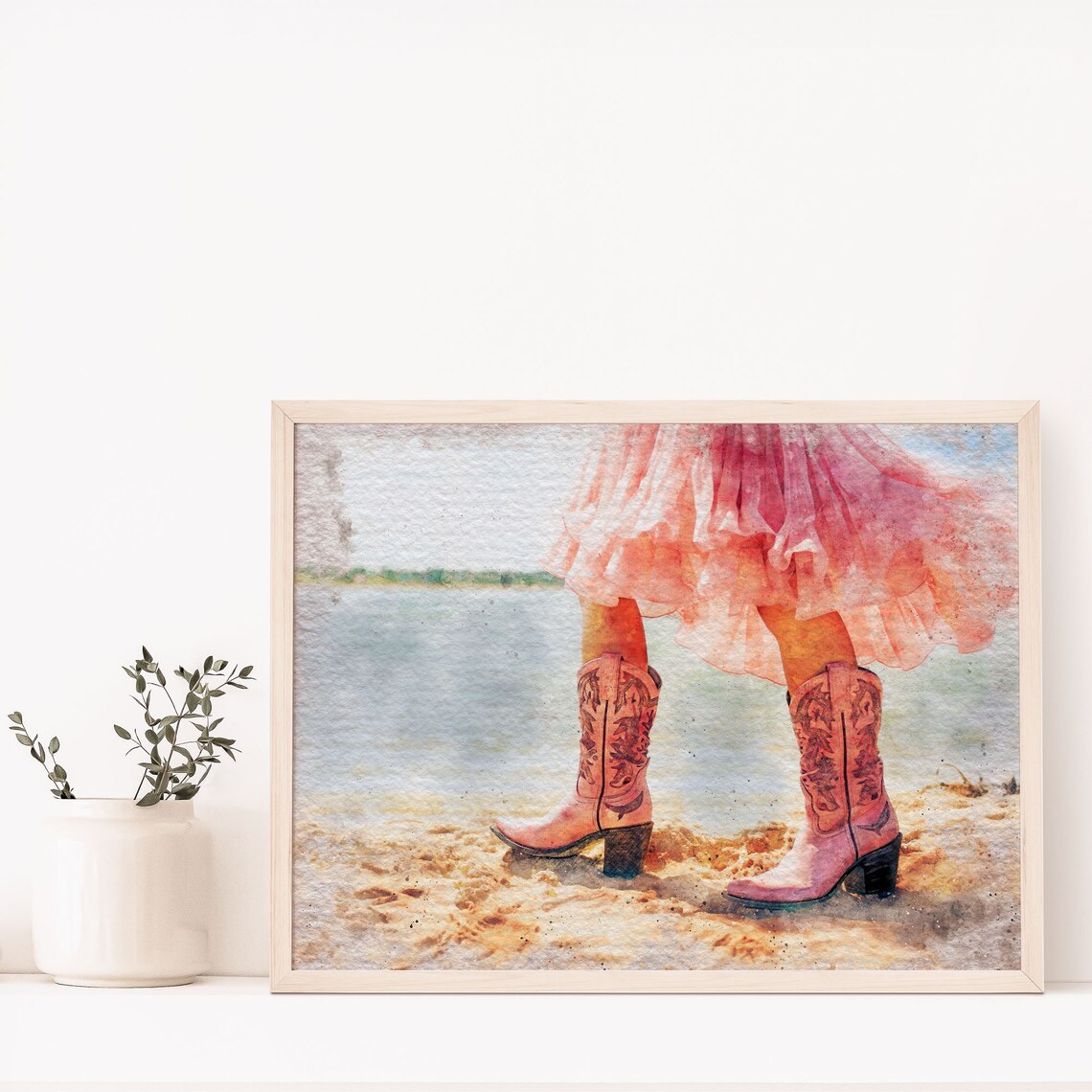 Coastal Artful Girly Cowgirl Instant Cowgirl In Pink Tutu Boots Watercolor Print Girly Preppy Wall Art Gift West01 - Image 2