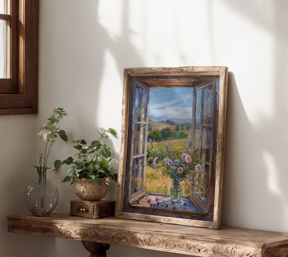 Wildflower Vase On Open Windowsill Over Vineyard Hillside View Poster - Image 7