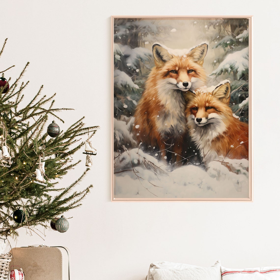 Two Foxes Cuddling in Falling Snow Winter Woodland Animal Poster - Image 8
