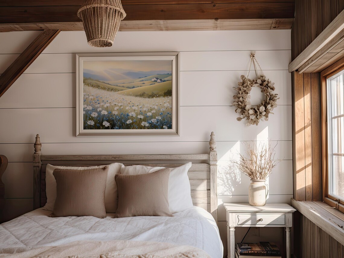 Blue White Wildflower Meadow Morning Sun Countryside Art Print - Image 7