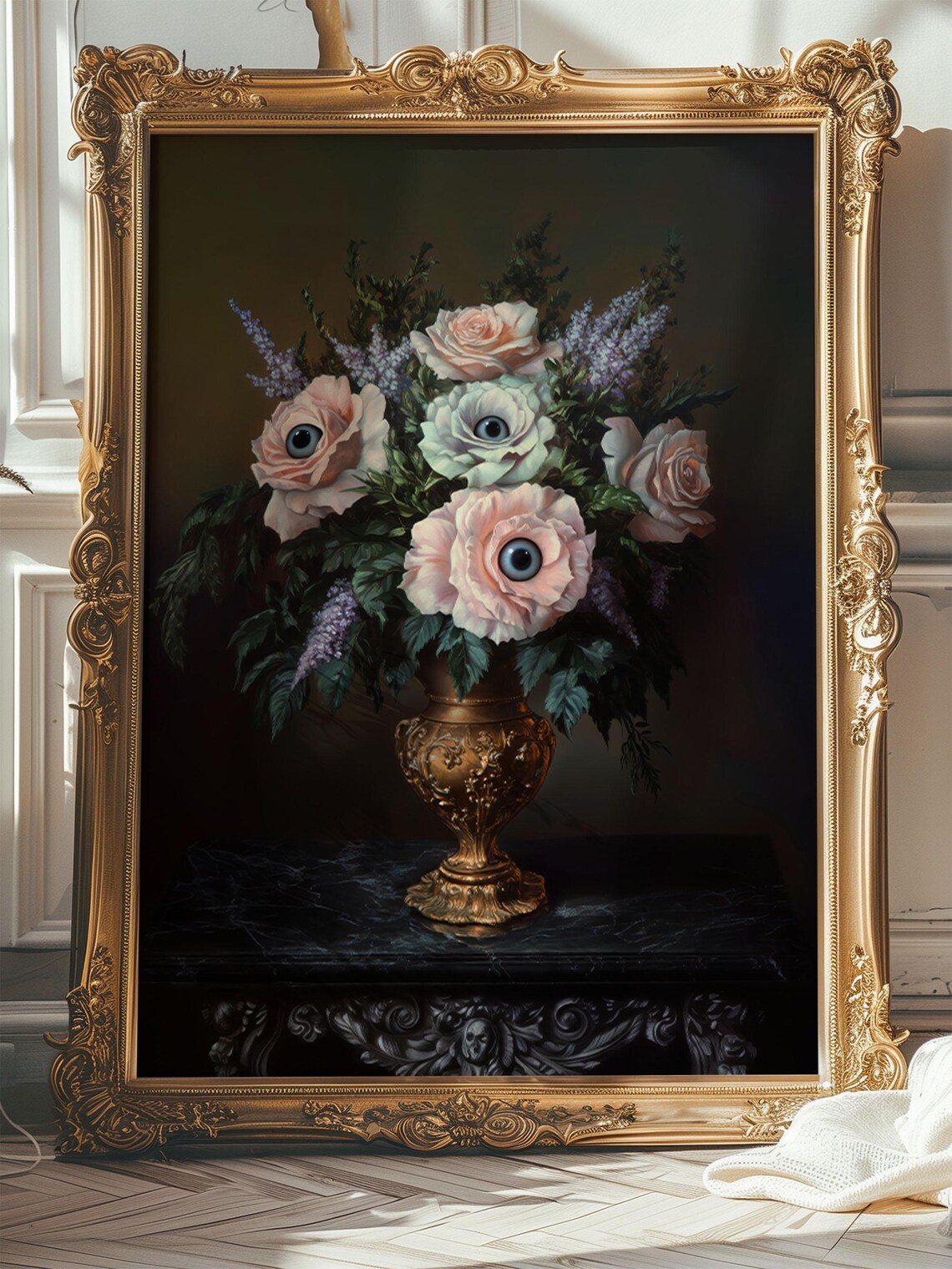 Surreal Eyeball Roses Bouquet Gold Vase Gothic Halloween Poster - Image 7