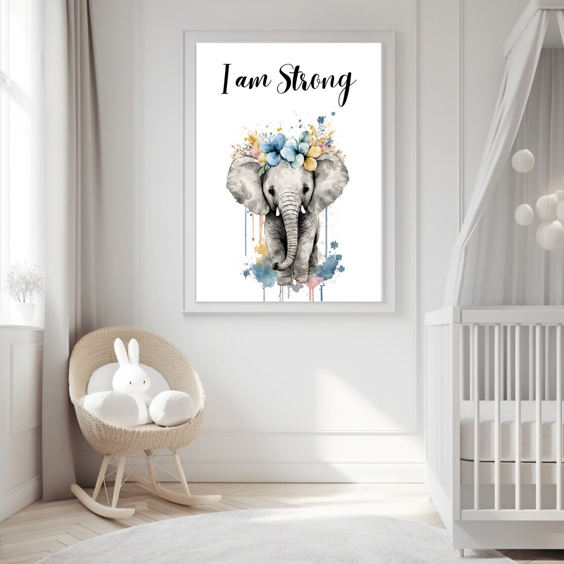 I Am Strong Elephant Flower Crown Nursery Watercolor Art Print - Image 4