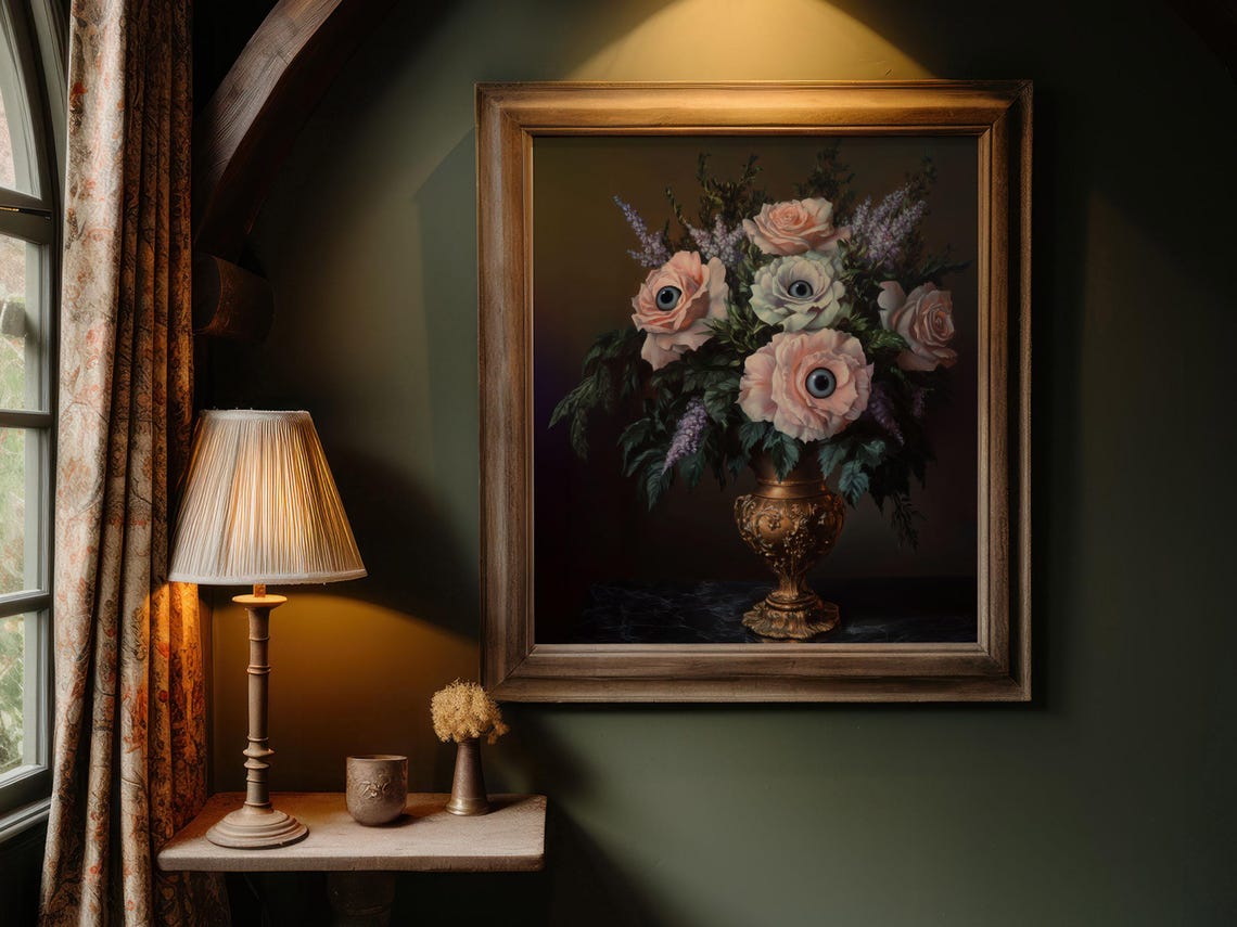 Dark Academia Art Print Moody Flower Eye Halloween Gothic Floral Poster Eye Cottagecore Roses Wall Art Oil Painting Art Print - Image 2