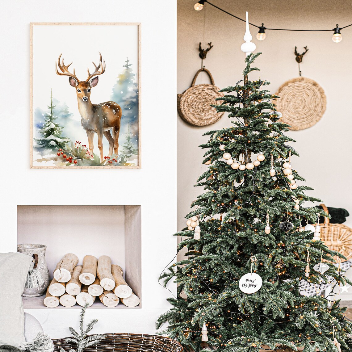 Watercolor Deer Antlers Snowy Forest Red Berries Winter Poster - Image 3