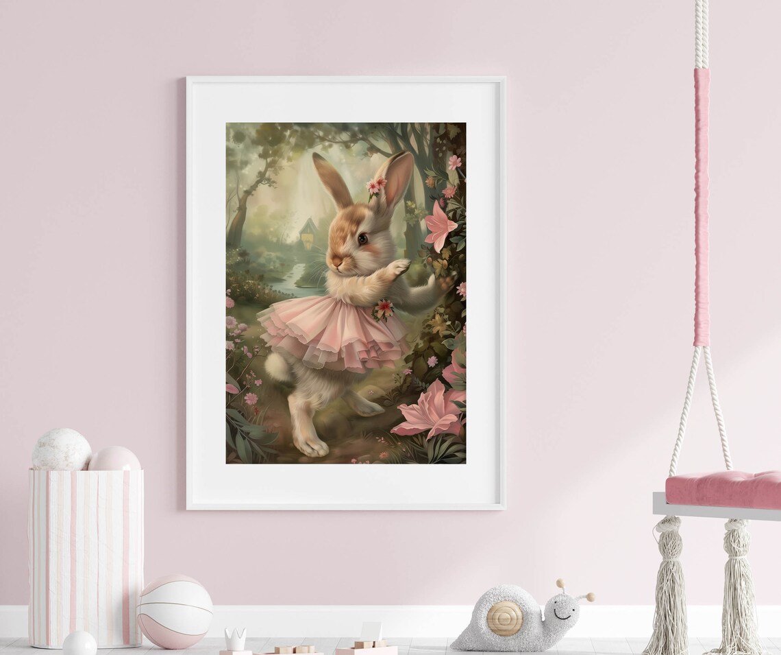 Bunny In Pink Tutu Dancing Flower Forest Cottage Storybook Poster - Image 6